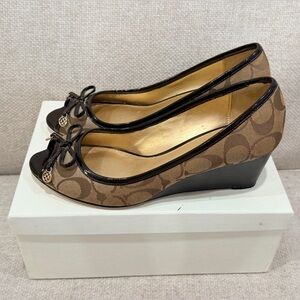 Coach Signature Pattern Tan and Black Wedge Shoes